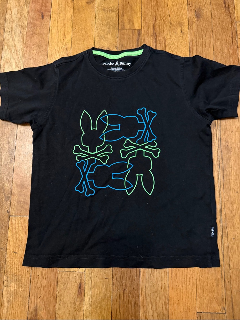 Psycho Bunny Kids Black Tee with Neon Blue & Green Logo size: kids 10-12M
